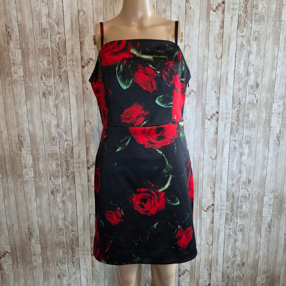 Women's Guess Black Red Rose Print Mini Dress Size M - Picture 2 of 14